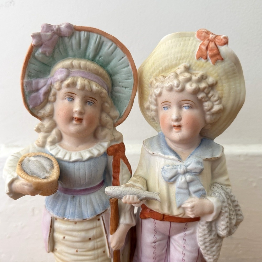 Vintage Bisque Porcelain Victorian Children Fishing Figurine Cottage Decor 10.5